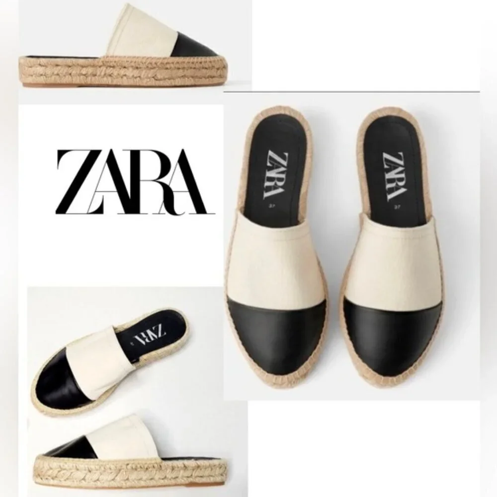 Zara Espadrilles Tan Black Canvas Slip On Cap Toe Shoes Size 41(9.5 US)